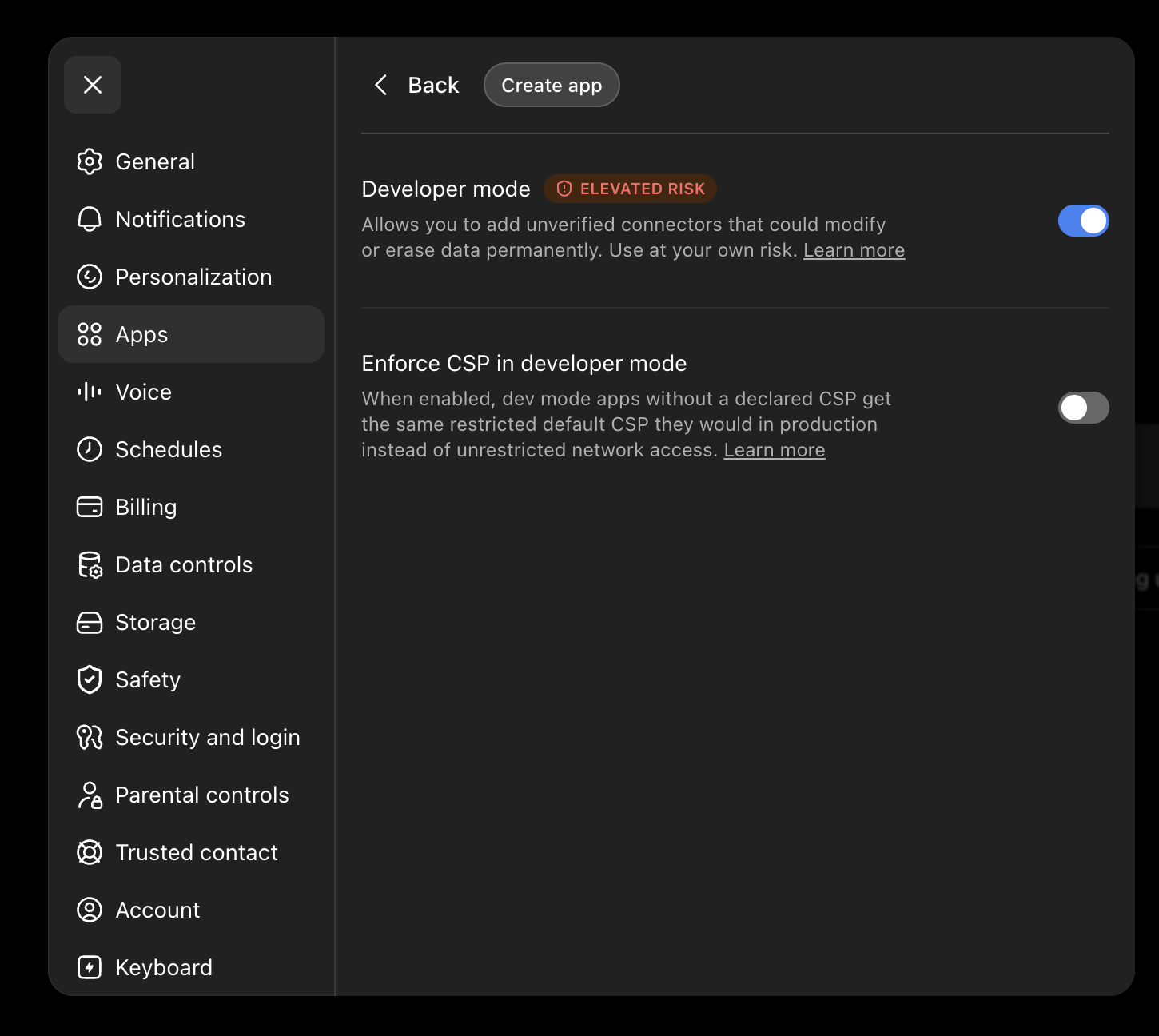 ChatGPT settings with developer mode enabled