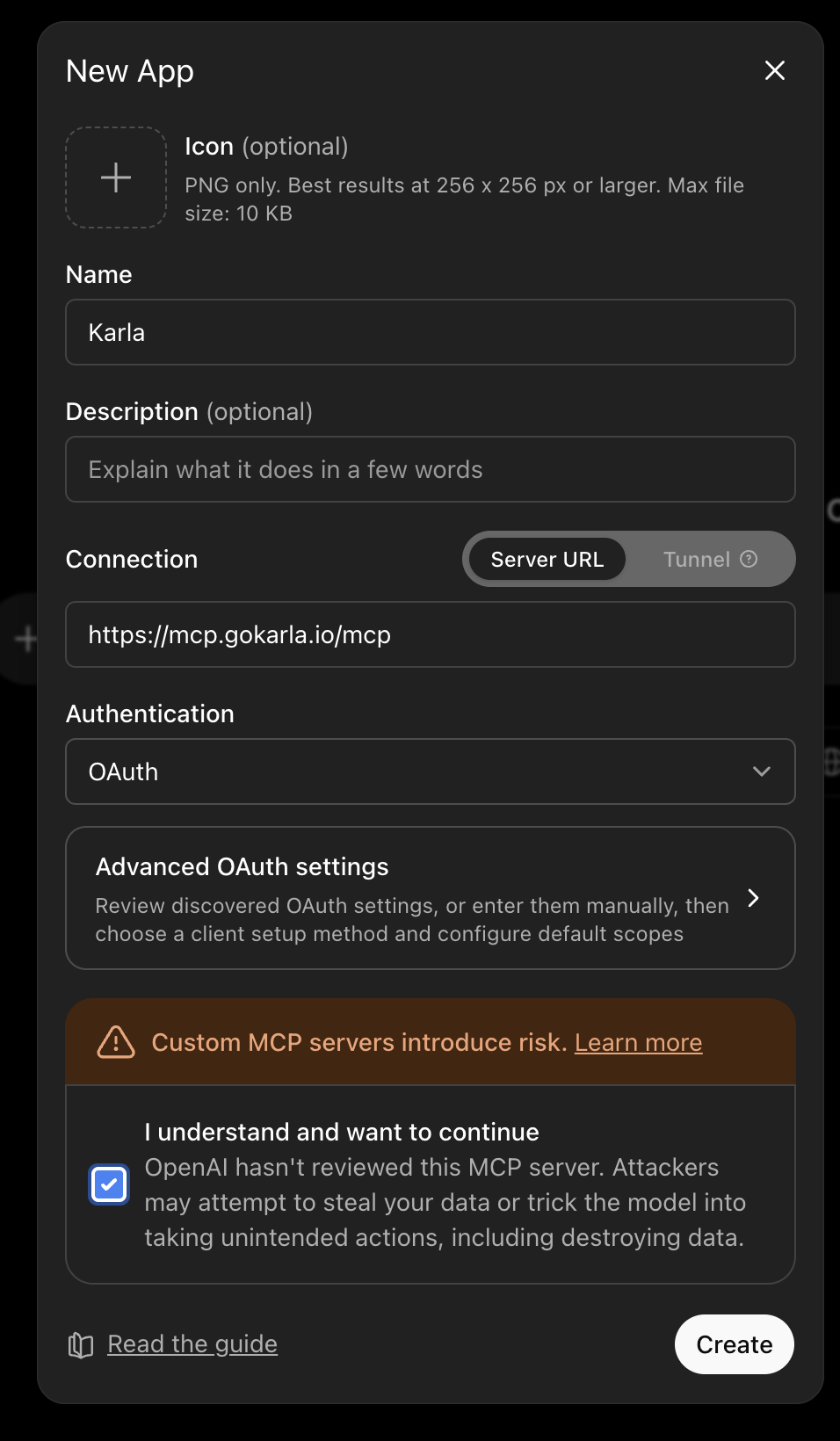 New app dialog with the Karla server URL and OAuth selected