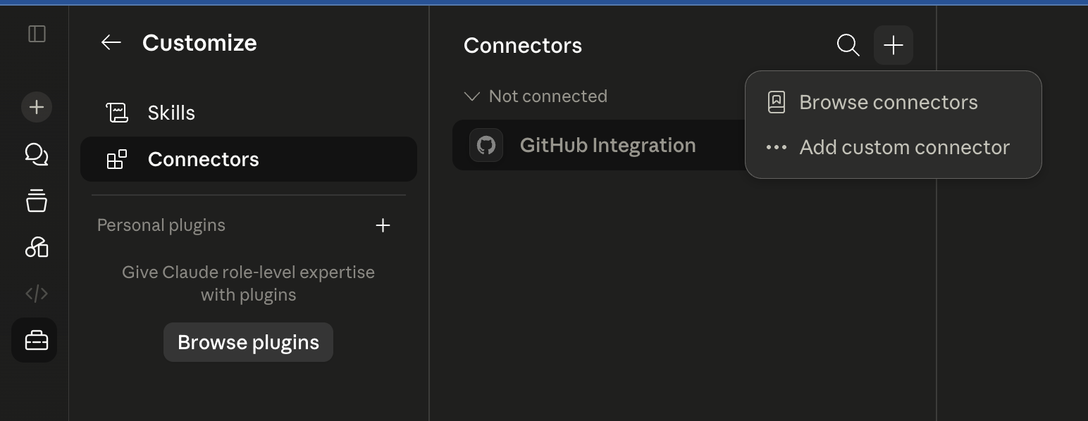 Claude connectors menu with Add custom connector
