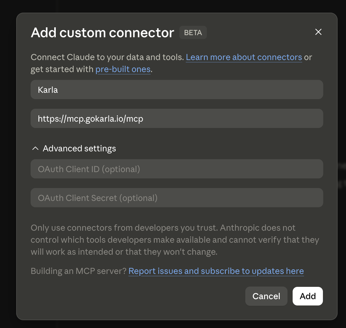 Add custom connector dialog with the Karla server URL