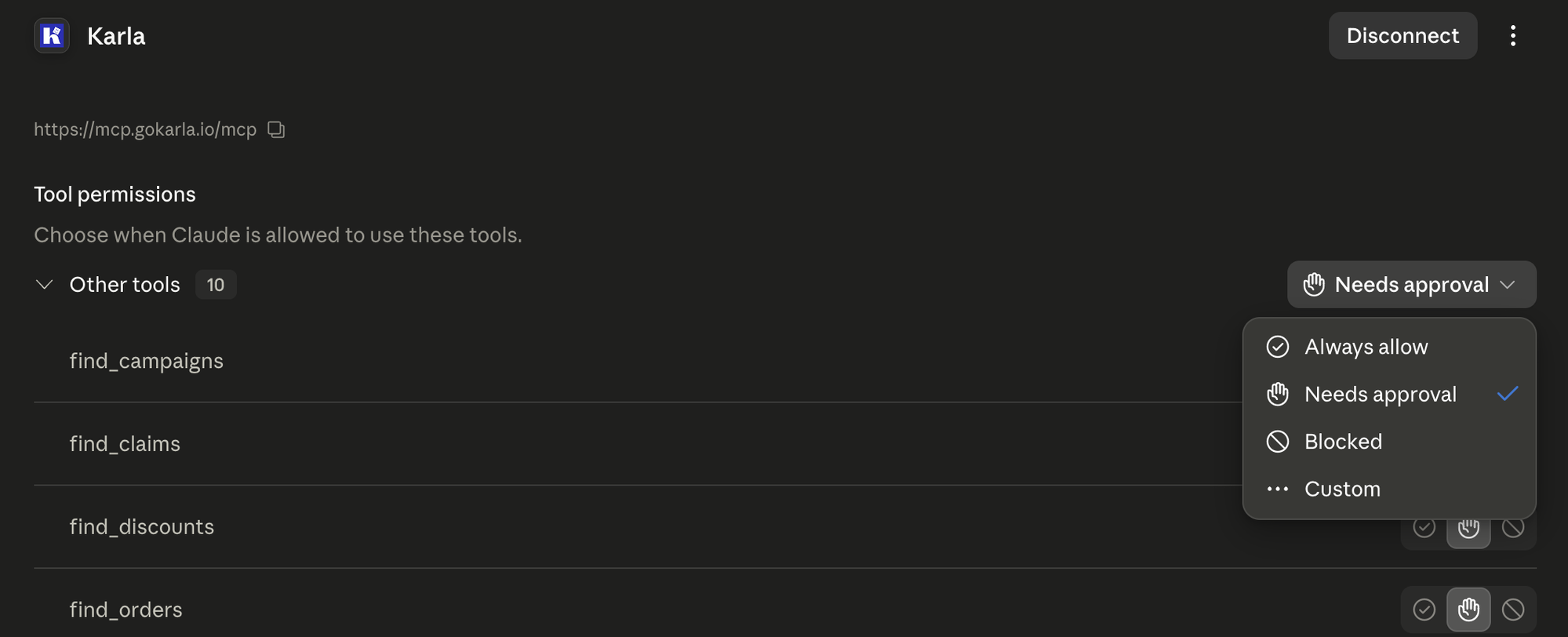 Claude tool permissions listing the Karla tools